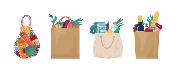 Eco cadena, tela de algodón y bolsa de papel, conjunto de alimentos — Vector de stock