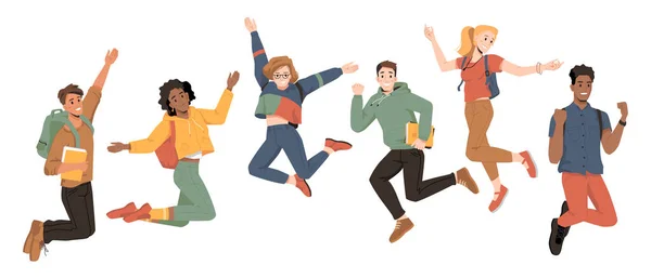 Estudantes multiculturais saltando, felicidade sucesso — Vetor de Stock