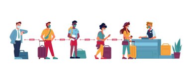 Havaalanı kuyruğu, pasaport kontrolü, sosyal mesafe