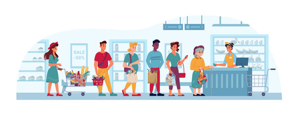 Grocery store queue, supermarket people in line