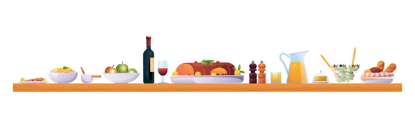 İzole edilmiş yiyecek ve içeceklerle servis edilen tatil masası. — Stok Vektör