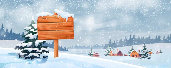 Letrero de madera, pueblo y paisaje nevado — Vector de stock
