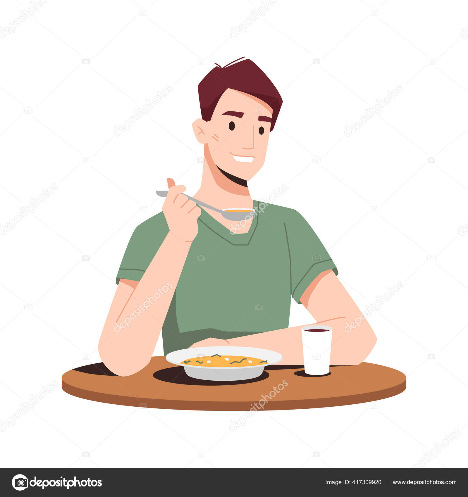 Man enjoy dinner eat soup by spoon, juice in glass Stock Vector Image by  ©Sensvector #417309920