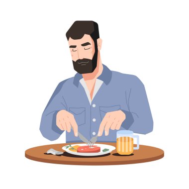 Yemek ve içeceklerin tadını çıkaran adam. Et, bira masada.