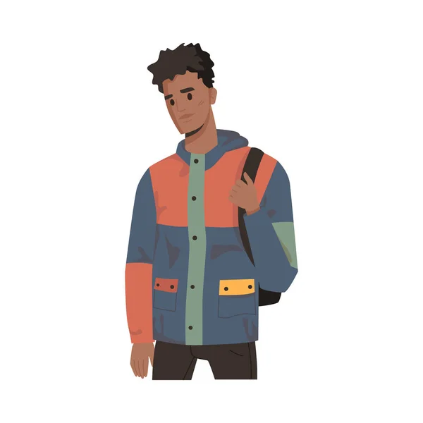 Estudante afro-americano com mochila, homem de casaco — Vetor de Stock