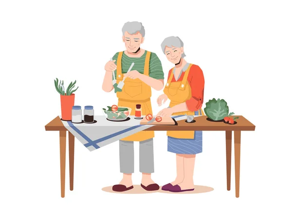 Healthy food, elderly couple cooks dinner on table — Stock Vector