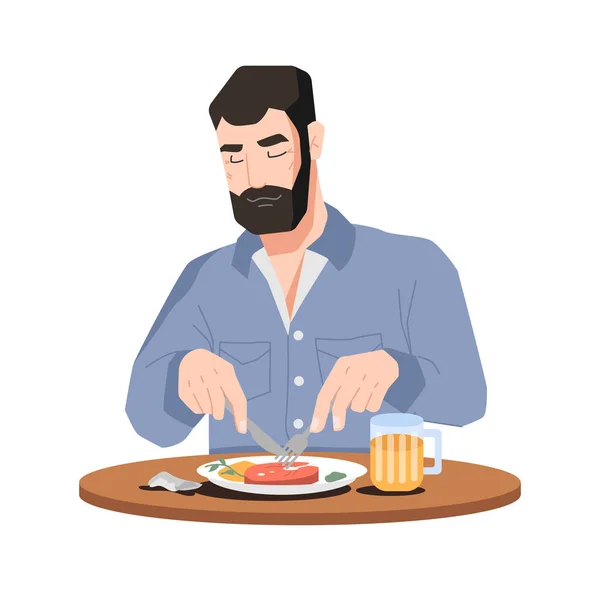 Ο άνθρωπος απολαμβάνει το φαγητό και τα ποτά. Κρέας, μπύρα στο τραπέζι — Διανυσματικό Αρχείο