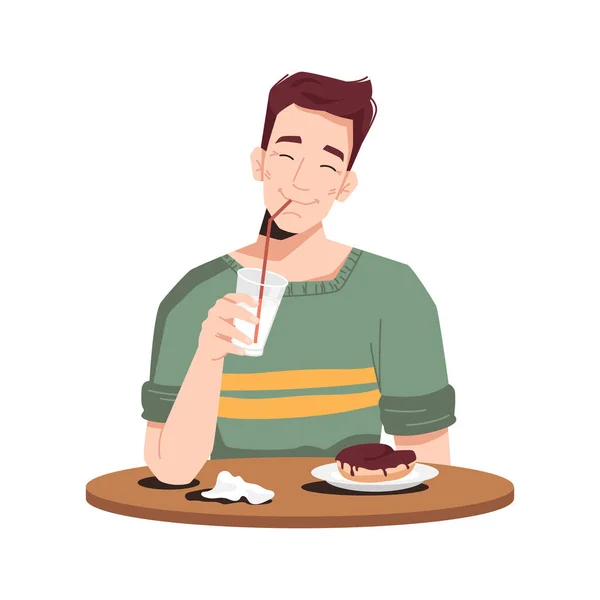 Um homem a desfrutar da sobremesa. Bolo e milkshake na mesa —  Vetores de Stock
