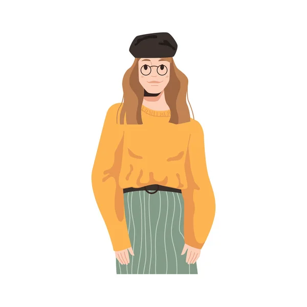 Mujer parisina francesa en gafas y sombrero de boina — Vector de stock