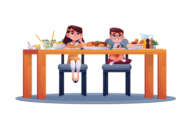 Chlapec a dívka mají večeři u stolu izolované děti — Stockový vektor