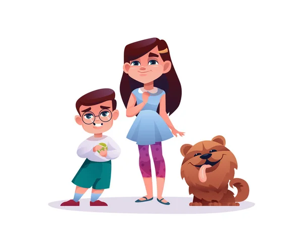 Κορίτσι και αγόρι με το σκυλί κατοικίδιο ζώο χαρακτήρες κινουμένων σχεδίων στυλ — Διανυσματικό Αρχείο