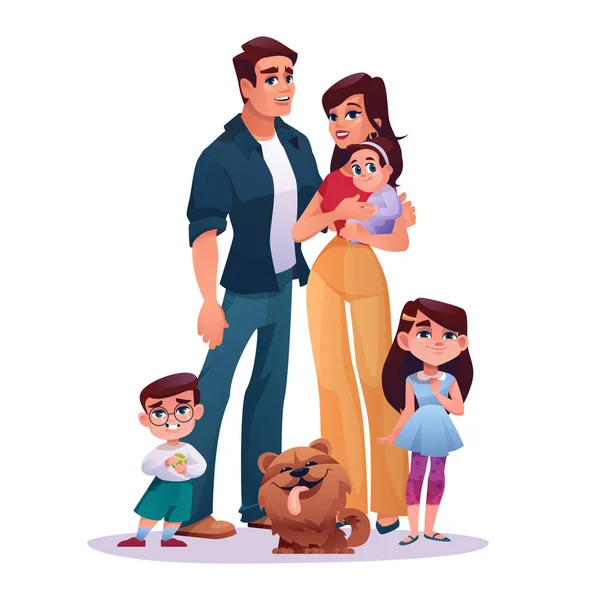 Familia madre, padre, dos hijas e hijo, perro — Vector de stock