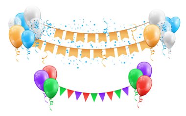 Bayrakları ve konfetisi olan bir grup balon.