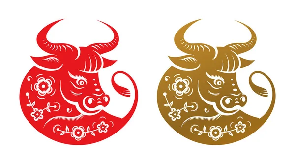 Símbolo chino de Año Nuevo Buey aislado con flores — Archivo Imágenes Vectoriales