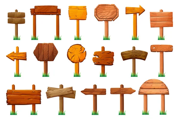 Signos en pilares de madera letreros aislados punteros — Vector de stock