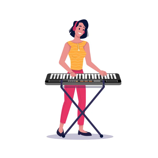 Mujer toca piano digital, pianista y sintetizador — Vector de stock