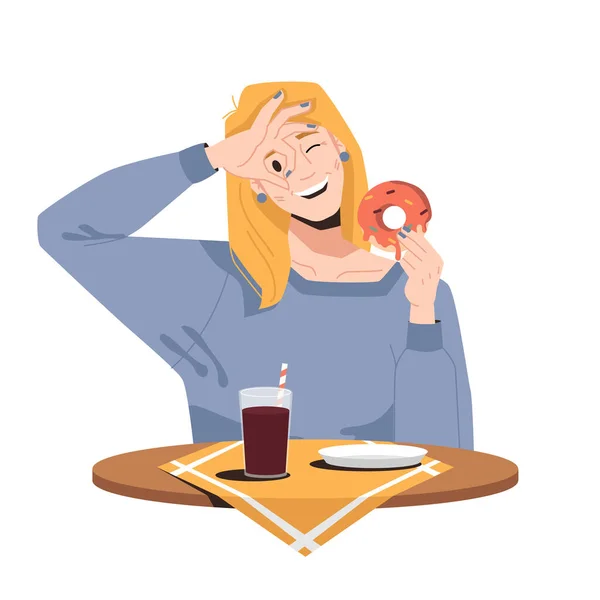 Mulher no restaurante gosta de donut, bebidas cola soda — Vetor de Stock