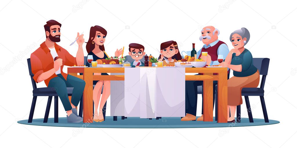 Big family enjoy food and drinks on holiday dinner