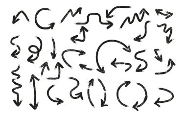Çok yönlü ve şekilli okları fırçala. Mürekkep darbeleriyle vektör göstergesi ayarlandı. Tek renk şeklinde kıvrımlı işaretler koleksiyonu. Tipografi dekorasyonu ve el yapımı grafikler