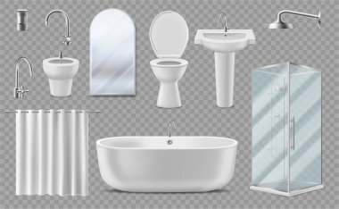 Banyo elementleri hazır. İzole edilmiş küvet ve tuvalet, bide ve lavabo, musluk ve duş, perde ve ayna. İç tasarım modellemeleri ve tuvalet odası gerçekçi ürün çizimleri
