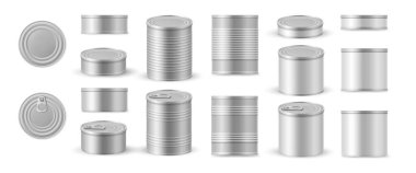Teneke kutu gerçekçi koleksiyonu. Çoklu boyut ve görünüm vektör kümesi. Ön, yan ve üstte metalik dokular ve kabartmalı kapaklar var. Paketleme sunumları ve gıda markaları, konserve ürünler veya ürünler