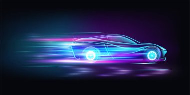 Hız yapan arabanın parlak neon silueti. Parlak ışık izli bir otomobil. Kirişler ve keskin çizgiler hız ve yarış enerjisini vurgular. Dinamik kompozisyon, performans tasarımı