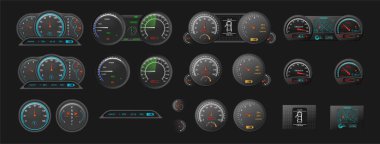 Hız göstergesi simgeleri koleksiyonu. Oklu göstergelerle izole edilmiş gerçekçi gösterge paneli, takometredeki performans ve derecelendirme göstergeleri. Ölçekler düşük, orta, yüksek ve risk seviyelerini gösteriyor