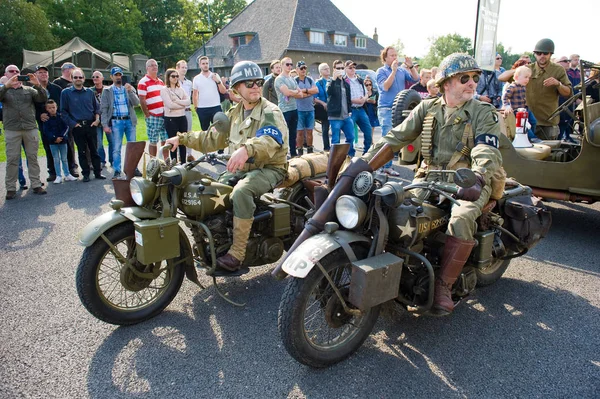 Enschede Netherlands Sept 2018 Two Motorcycle Passing Military Army Show — стоковое фото