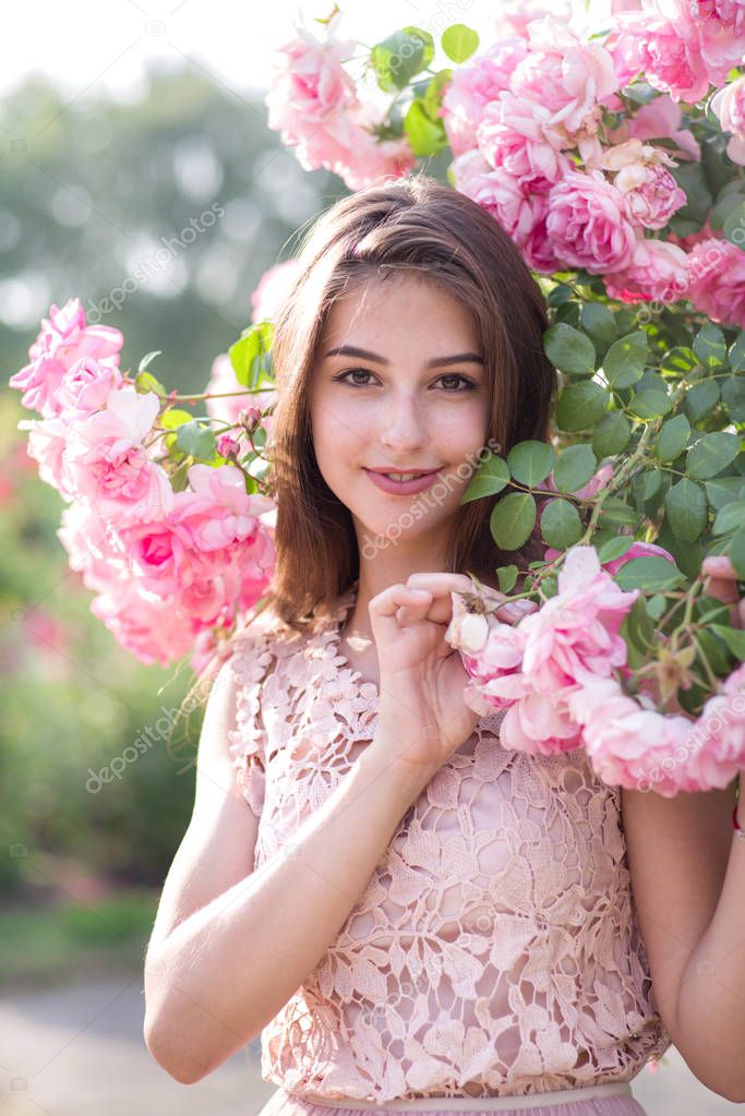 girl and roses, portrait of a girl in a rose garden, roses