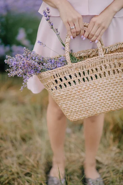 Fille Dans Main Tenant Sac Avec Lavande — Photo