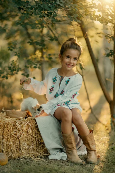 Menina Brincando Com Gatinho — Fotografia de Stock