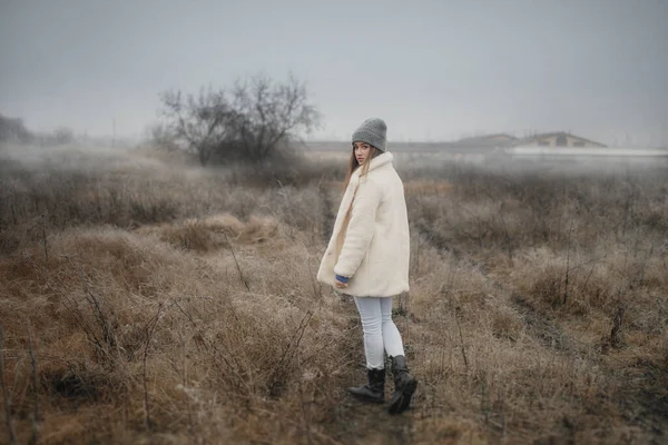 Girl White Fur Coat Icy Field — Stock Photo, Image