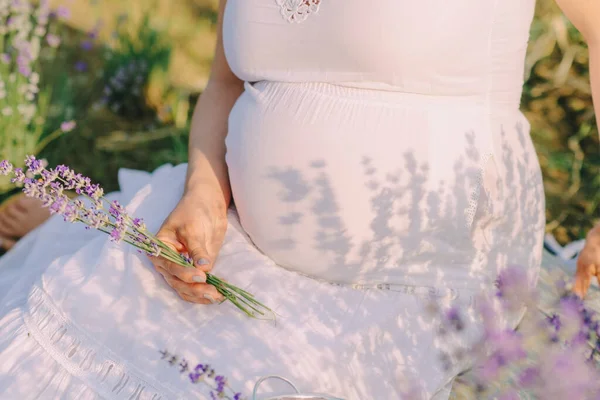 Chica Embarazada Orilla Del Río Una Puesta Sol — Foto de Stock