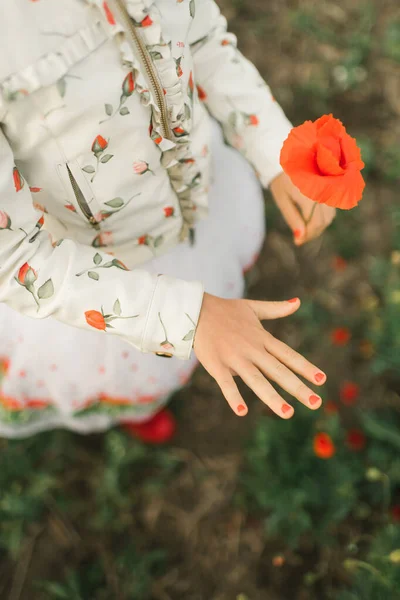 Meisje Een Witte Jurk Met Een Rieten Mandje Een Papaverveld — Stockfoto