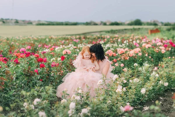 Mom Daughter Pink Dresses Field Roses — Stock Photo, Image