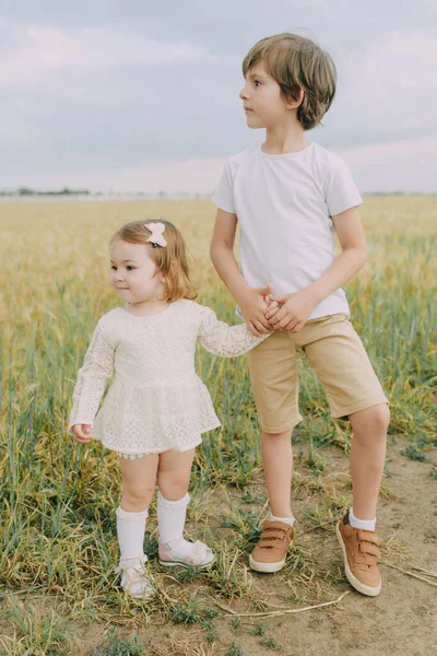 Familj Vita Kläder Ett Fält — Stockfoto