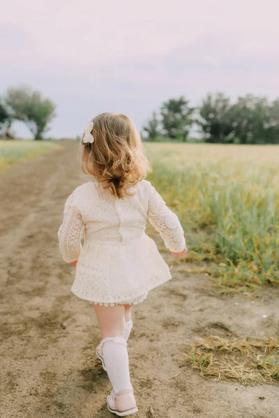 Beyaz Elbiseli Aile Tarlada — Stok fotoğraf