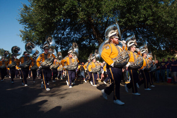 Baton Rouge, Louisiana, USA - 2018: Louisiana State University students band just before an LSU football game.