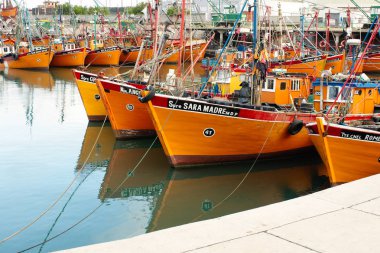 Mar del Plata, Buenos Aires, Arjantin - 2019: Geleneksel parlak turuncu renkte şehir limanında balıkçı tekneleri.
