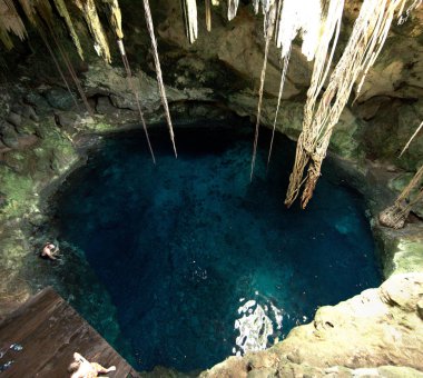 Cuzama, Yucatan, Meksika - 2018: İnsanlar cenote olarak bilinen yeraltı nehir çukurunda yüzerler.