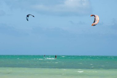 Islamorada, Florida, ABD - 2019: İnsanlar güneşli bir günde kitesurf yapıyor.