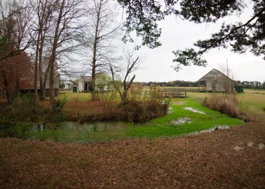 Baton Rouge, Louisiana, Abd - 2019: Lsu Rural Life Museum, Louisiana tarihinin bir açık hava müzesi arka planda küçük dere ve kabin.
