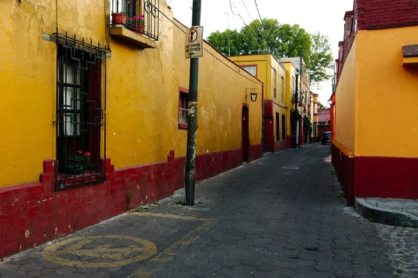 Ciudad México México 2018 Una Estrecha Calle Empedrada Distrito Coyoacán —  Fotos de Stock