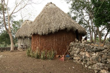 Tecoh, Yucatan, Meksika - 2019: Tarihi Hacienda Sotuta de Peon'da turistler için geleneksel bir Maya evi sergileniyor.