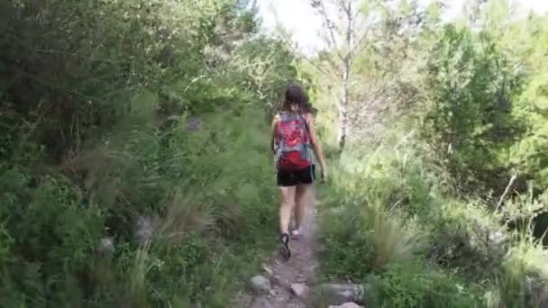 クンブレ コルドバ アルゼンチン 2019年 ジェロニモダム近くの山をハイキングする女性 — ストック動画