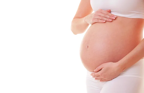 Beeld Van Een Zwangere Vrouw Die Haar Dikke Buik Aanraakt — Stockfoto