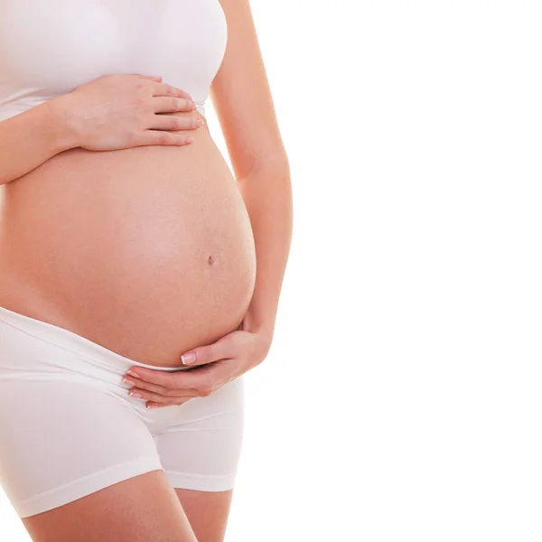 Afbeelding Van Zwangere Vrouw Haar Grote Buik Aan Raken Close — Stockfoto