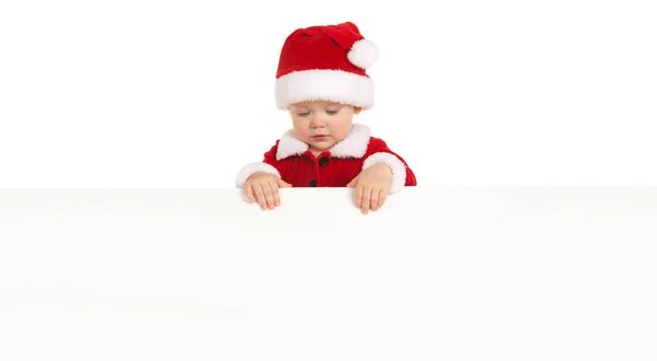 Glückliches Weihnachtsmann Baby Mit Weißem Blanko Brett Isoliert Auf Weiß — Stockfoto