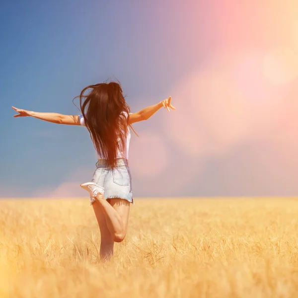 Mujer Feliz Disfrutando Vida Campo Belleza Naturaleza Cielo Azul Campo —  Fotos de Stock