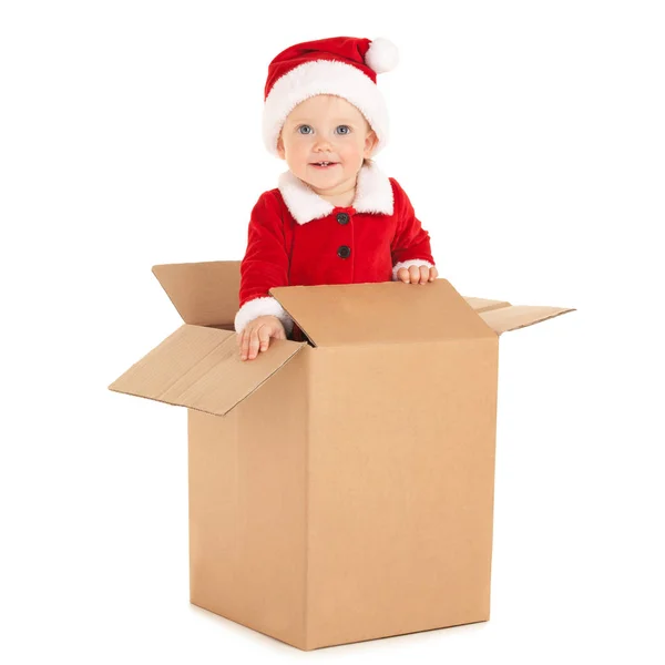 可爱的婴儿圣诞老人与美丽的蓝眼睛里面的盒子里孤立的白色 圣诞节 圣诞节 冬天的概念 快乐的童年 圣诞老人宝宝看着相机从纸盒 — 图库照片